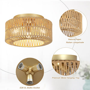 English Elm Boho 3-Light Rattan Ceiling Light Fixture - Modern Flush Mount Chandelier For Home & Nursery Décor W2738P185415