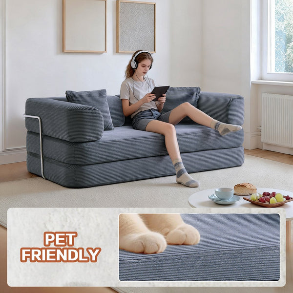 English Elm Floor Sofa Bed Modular Corduroy Convertible Lounge with Steel Frame for Living Room Antique Gray W3565P397201