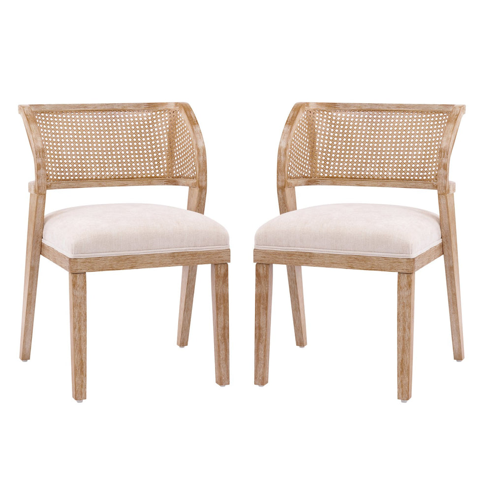 English Elm Upholstered Woven Rattan Back Dining Chairs Set of 2 Farmhouse Rubberwood Frame N776P394378B