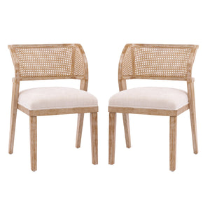 English Elm Upholstered Woven Rattan Back Dining Chairs Set of 2 Farmhouse Rubberwood Frame N776P394378B