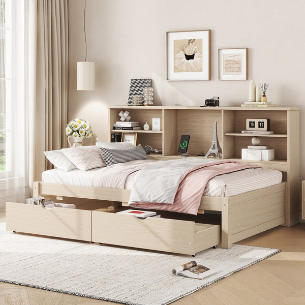 English Elm Twin Storage Bed with Bookcase Headboard Built-in Usb Charging and Two Drawers Natural W697S00038