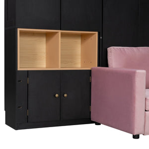 English Elm Queen Murphy Wall Bed with Velvet Sofa Built in Shelves Cabinets and Reading Lights Black LP000393AAB