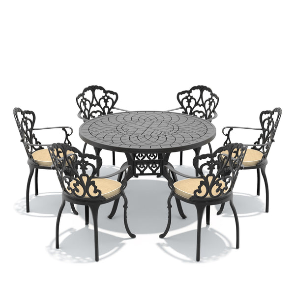 English Elm 7-piece Cast Aluminum Outdoor Dining Set with Carved Relief Patio Furniture W1710S00561