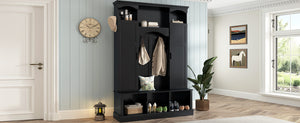 English Elm On-trend Farmhouse Hall Tree with Dual Cabinets Seven Hooks and Arched Entryway Storage Black N721S000078B