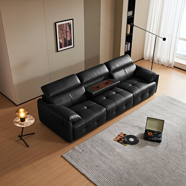 English Elm Genuine Top-grain Leather Three-seat Sofa with Reclining Backrests and Center Storage W1765S00130