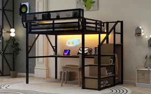 English Elm Full Loft Bed with Desk and Charging Station, Metal Loft with Stairs, Wardrobe, Shelves & Light Black W2580S00047