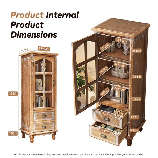 English Elm Rustic Solid Wood Tall Narrow Cabinet with Cutout Door Two Drawers Farmhouse Storage Antique Brown W2295P457182