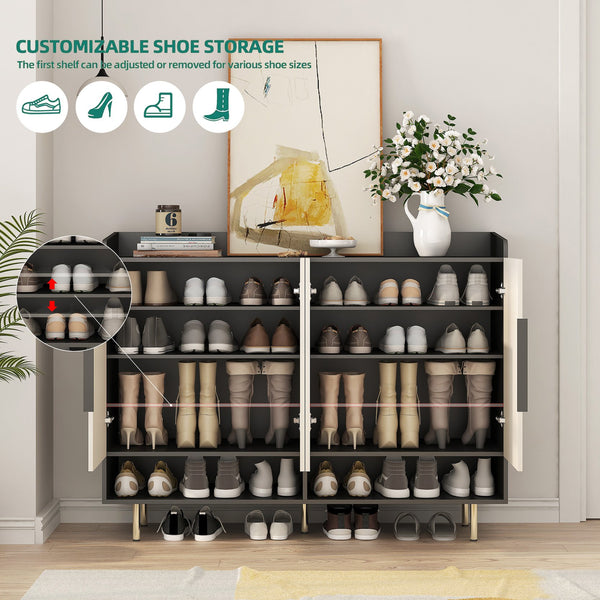 English Elm Sideboard,shoe Cabinet Four Door Entryway Organizer with Adjustable Shelves Modern Black W1321S00042
