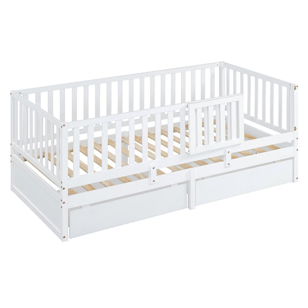 English Elm Twin Pinewood Daybed with Fence Guardrails Splits Into Two Floor Beds Storage White LP100881AAK