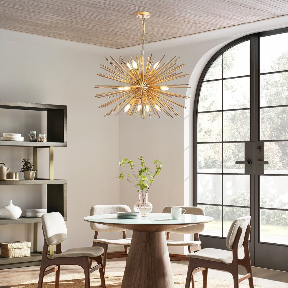 English Elm 29" Mid-Century Modern 12-Light Starburst Chandelier Gold Sputnik Pendant Fixture for Living Spaces W2312P368727
