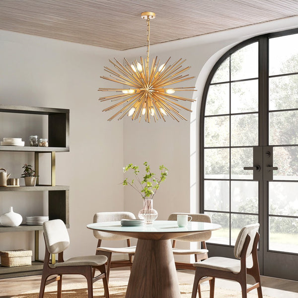 English Elm 29" Mid-Century Modern 12-Light Starburst Chandelier Gold Sputnik Pendant Fixture for Living Spaces W2312P368727