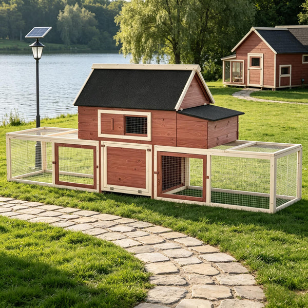 English Elm Wooden Fir Backyard Hen House with Dual Runs Nesting Box and Three Layout Options T3971S00227