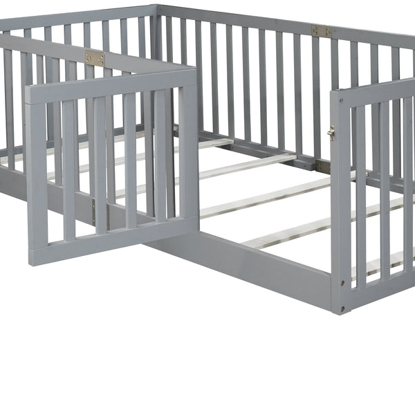 English Elm Twin House Frame Floor Bed Rubberwood with Roof Canopy and Safety Rails for Kids Grey W504P429537