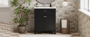 English Elm 30-inch bathroom vanity with ceramic basin, solid wood frame, soft-close doors and adjustable shelves for organized style and lasting durability Black N729P173380B