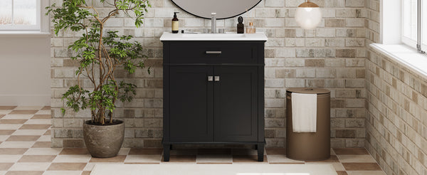 English Elm 30-inch bathroom vanity with ceramic basin, solid wood frame, soft-close doors and adjustable shelves for organized style and lasting durability Black N729P173380B