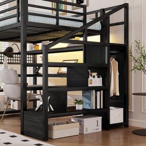 English Elm Full Size Steel Loft Bed with Staircase Storage Wardrobe Desk and Led Lighting Black W2593S00079