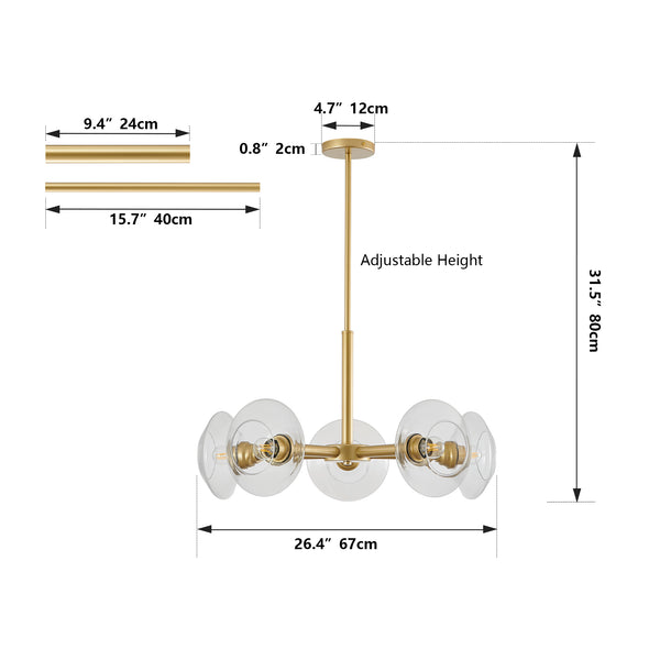 English Elm 26" Modern Gold 5-Light Sputnik Chandelier with Clear Glass Shades, Mid-Century Pendant for Dining W1340P233172