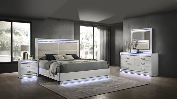 English Elm Glam Modern King Bed With Led Headboard & Plush Velvet, Luxe Wood Design For Elegant Bedrooms B009S01850
