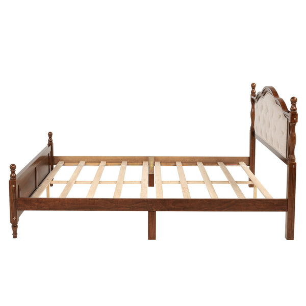 English Elm Queen Pine Upholstered Headboard Bed in Walnut — Modern Minimalist Queen Platform with Dual Support Feet, Space-Saving Design W504P268435