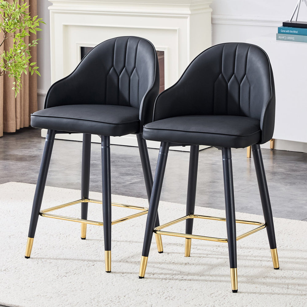 English Elm Set of 2 Pu Leather Barstools with Gold Footrest Curved Back for Kitchen Island Black W1151P383770
