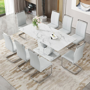 English Elm Table Modern Marble Pattern 9-Piece Dining Set – 71" Tempered Glass Table & 8 Light Gray Chairs W1151S02121-GIGA
