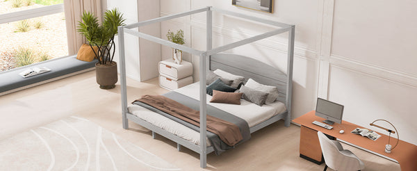 English Elm King Canopy Platform Bed with Headboard and Support Legs — Modern Pine Wood Frame, Sturdy 650lb Capacity Grey WF309291AAE