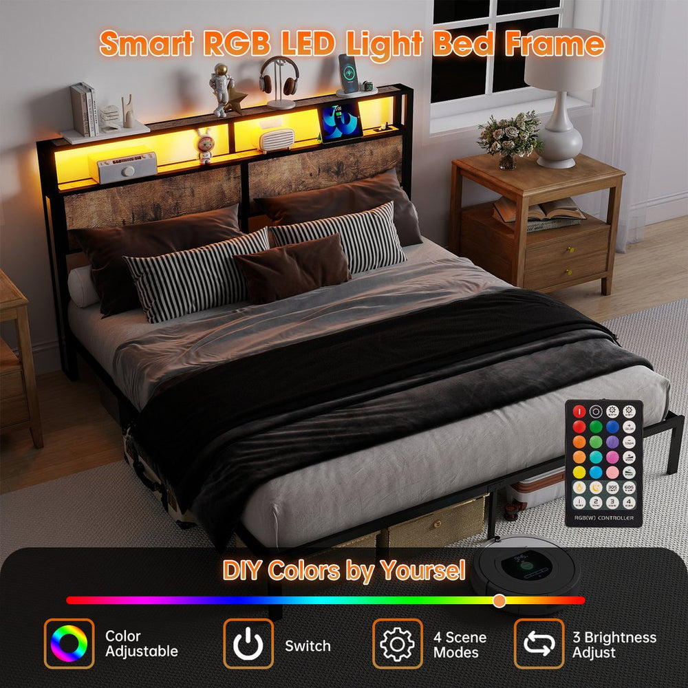 English Elm Queen Metal Platform Bed with Rgb Led Headboard Charging Station and Underbed Storage T3963P483719