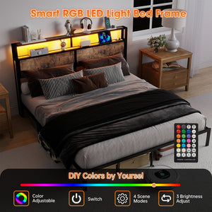 English Elm Queen Metal Platform Bed with Rgb Led Headboard Charging Station and Underbed Storage T3963P483719