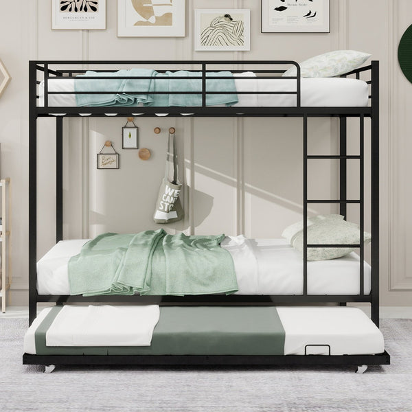 English Elm Durable Iron Bunk Bed With Trundle, Safety Rails & Modern Design – Perfect For Kids, Guests & Space-Saving! W1935P360854