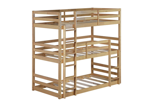 English Elm Triple Rubber Wood Bunk Bed with Built-In Ladders and Guardrails Maximizes Space for Families, Durable Design White Oak W504S00176