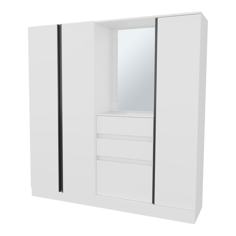 English Elm Canyon Modern Wardrobe Organizer with Mirror, Double Hanging Rods, Drawers & Open Shelves White B128S00180