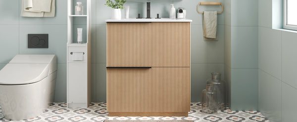 English Elm Christopher Knight Home® - 30" Bathroom Vanity With Ceramic Sink, Soft-Close Drawers & Fluted Natural Finish For Elegant Style N817P295760N