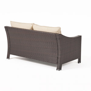 English Elm Christopher Knight Home® - ANTIBES RATTAN LOVESEAT SET WITH SIDE TABLE – Weatherproof PE Wicker, Iron Frame, Compact Patio Seating Brown 57088.00SET