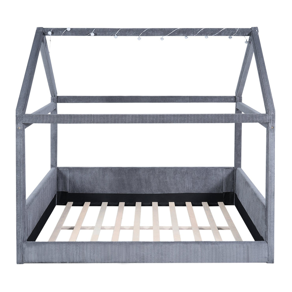 English Elm Full Size Upholstered House Daybed With Led Light Strips, Cozy Grey Corduroy For Stylish Spaces N7500001335E