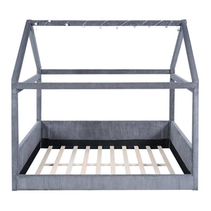 English Elm Full Size Upholstered House Daybed With Led Light Strips, Cozy Grey Corduroy For Stylish Spaces N7500001335E