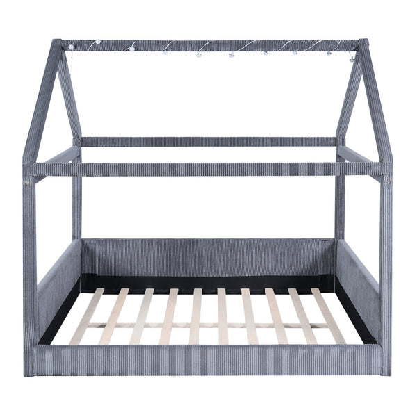 English Elm Full Size Upholstered House Daybed With Led Light Strips, Cozy Grey Corduroy For Stylish Spaces N7500001335E