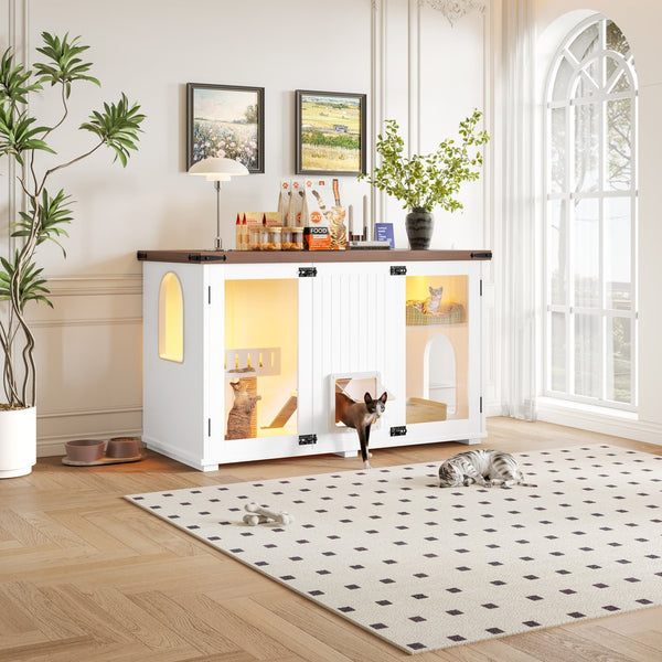 English Elm 47.25" Modern Cat Litter Box Enclosure with LED, Stairs & Scratcher, Smart Door Cabinet Side Table N704P270707K