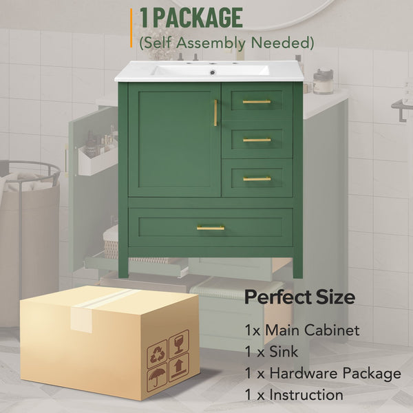 English Elm 30" Green Modern Bathroom Vanity with Ceramic Sink, Solid Wood Frame, Soft-Close Doors & Drawers N729P177787F