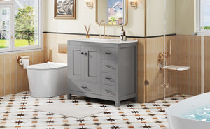 English Elm 36" Gray Bathroom Vanity with Ceramic Sink, 5 Drawers & Soft-Close Doors, Solid Wood Modern Storage N729P183735E