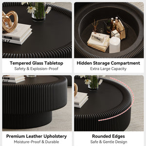English Elm 31.5" Fluted Leather Round Coffee Table Tempered Glass Lift Top Hidden Storage Modern Black W3158P450847