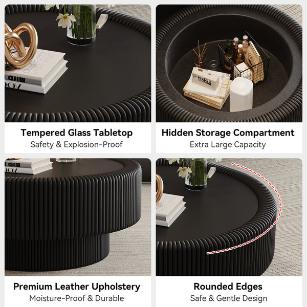 English Elm 31.5" Fluted Leather Round Coffee Table Tempered Glass Lift Top Hidden Storage Modern Black W3158P450847