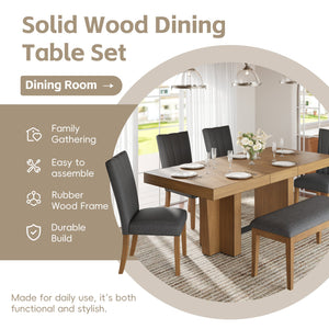 English Elm Topmax Farmhouse Extendable Rubberwood Dining Set Seats Six with Bench and Linen Chairs Brown+Gray N717S000089E