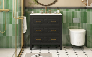 English Elm 30'' Bathroom Vanity with Ceramic Sink, Solid Wood Frame Retro Style Vanity with 3 Drawers & Gold Handles Black N710P246209B