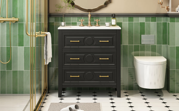 English Elm 30'' Bathroom Vanity with Ceramic Sink, Solid Wood Frame Retro Style Vanity with 3 Drawers & Gold Handles Black N710P246209B
