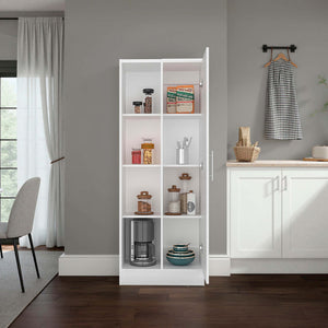 English Elm White Tall Narrow Kitchen Pantry Cabinet with Open Shelves and Concealed Storage Door B062P483731