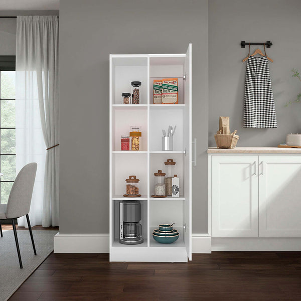 English Elm White Tall Narrow Kitchen Pantry Cabinet with Open Shelves and Concealed Storage Door B062P483731