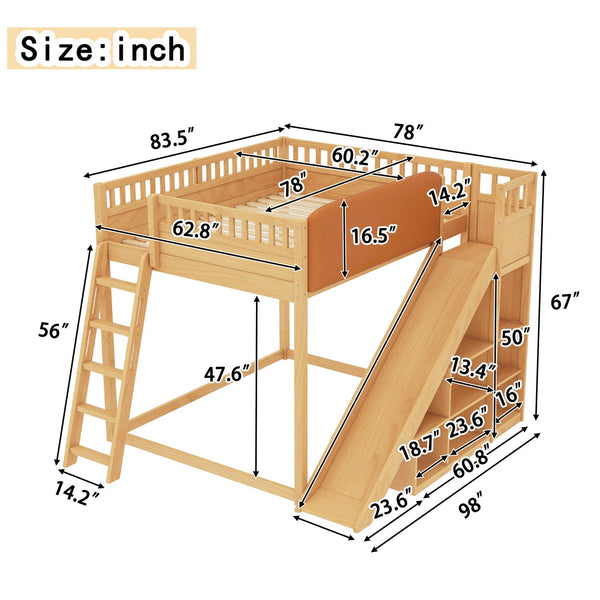 English Elm Queen Loft Bed with Upholstered Headboard Built-in Slide and Open Storage Shelves Natural W1580S00641