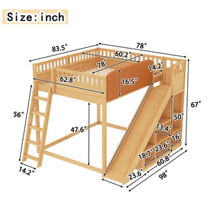 English Elm Queen Loft Bed with Upholstered Headboard Built-in Slide and Open Storage Shelves Natural W1580S00308