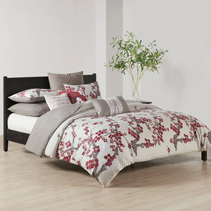 JLA Home N Natori - Euro 26x26 Cherry Blossom Euro Sham in Dark Grey Cotton Sateen with Tailored Pleats & Red Embroidering Elegance NS11-1824A