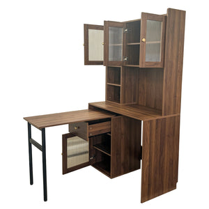 English Elm Computer Desk with Glass Doors, Hutch & Drawer Storage, Rotating 90° Desktop and Spacious Work Surface Walnut W331S00195